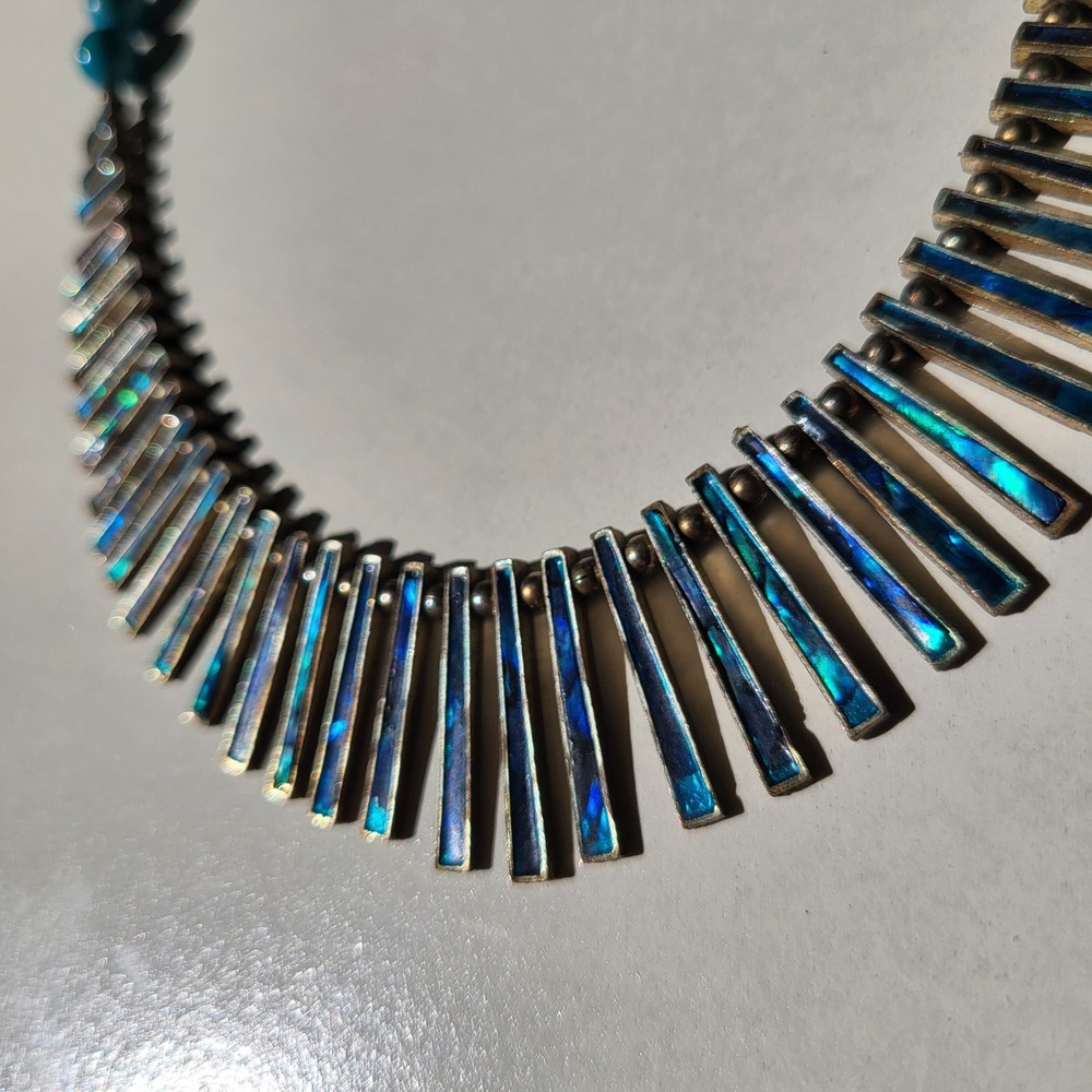 vintage Artisan Statement Turquoise Abalone Inlay Bib Necklace Blue Southwest - Picture 8 of 11